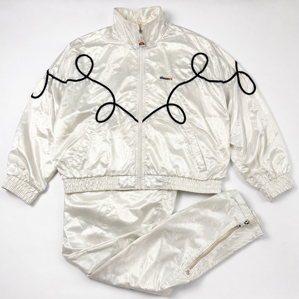 Vintage Ellesse Tracksuit Size 1 White Satin Shiny Jogger Set Made In Hong Kong